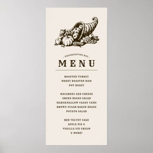 Poster Corne de Plenty | Menu Dîner Thanksgiving (Devant)