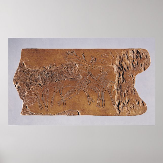 Poster Corne de rennes sculptée avec cerf et bondissant (Devant)