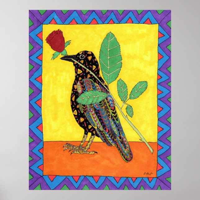 Poster Corneille d'Oaxacan avec Rose rouge (Devant)