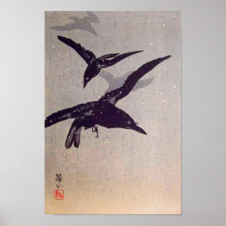 Poster Corneilles volant dans la neige