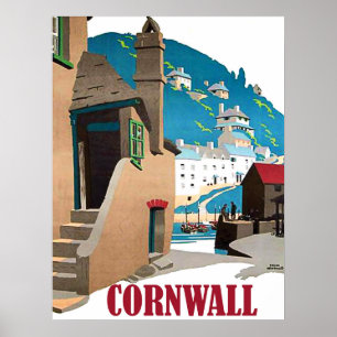 Poster Cornouailles, port et maisons sur la colline, vint