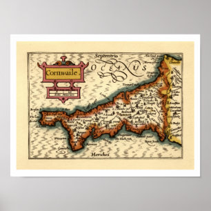 Poster Cornwall, Cornwaile Comté Angleterre Carte Antiqua
