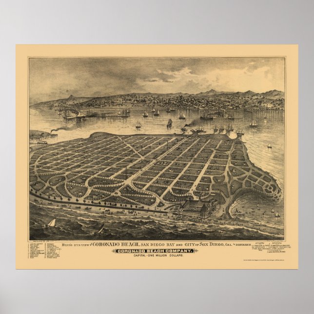 Poster Coronado Beach, CA Carte panoramique - 1880 (Devant)