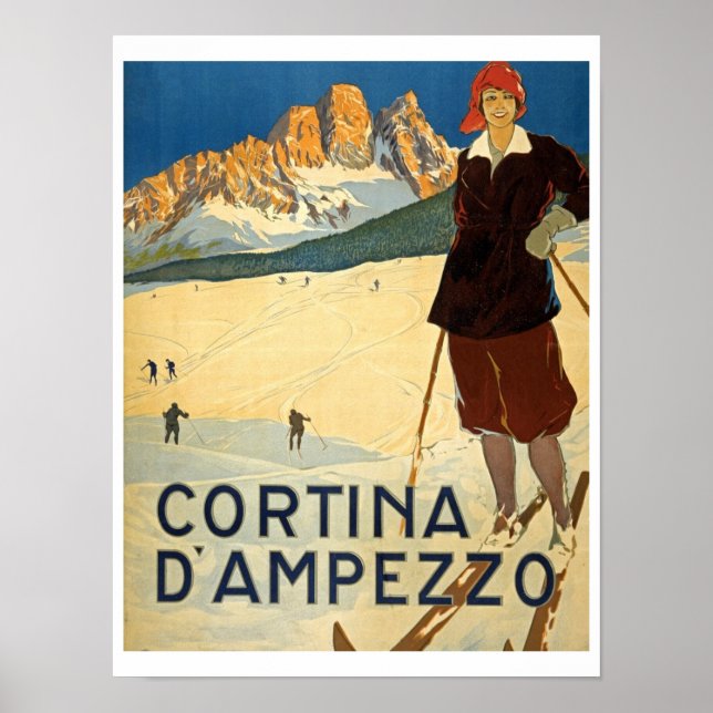 Poster Cortina D'Ampezzo, Italie, Voyage Rétro, Ski, Alpe (Devant)