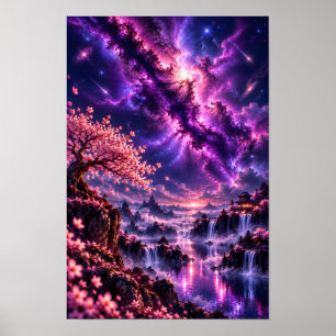 Poster Cosmic Sakura : Fantaisie de lac céleste Art galac