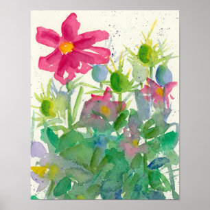 Poster Cosmos rose Nigella Aquarelle Peinture Fleur