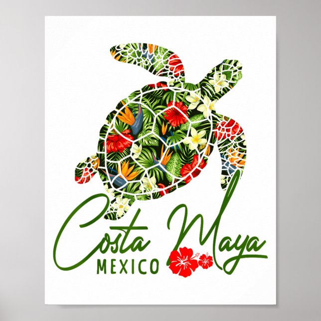 Poster Costa Maya Mexico Sea Turtle Trocal Hibiscus Vacat (Devant)