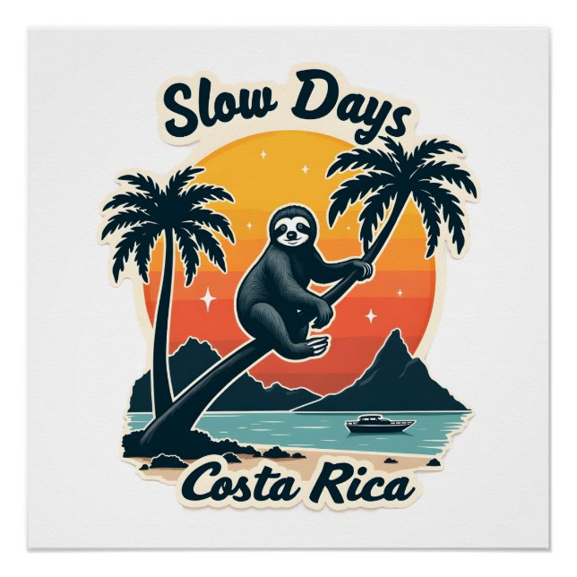 Poster Costa Rica Sloth Vintage Sunset Travel Vector Shir (Devant)