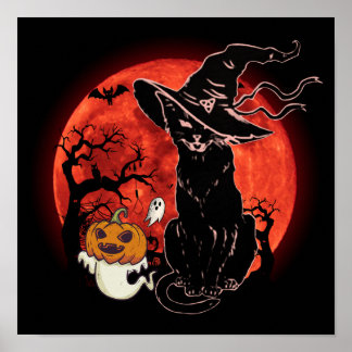 Poster Costume de sorcière de chat noir rétro d'Halloween