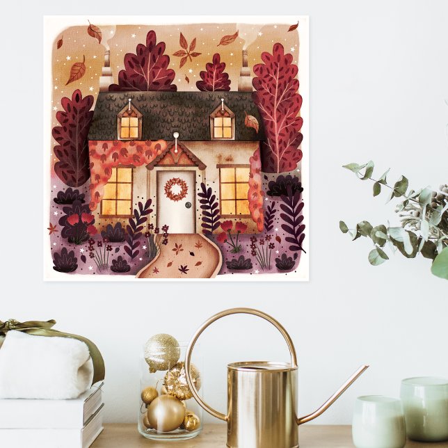 Poster Cosy gîte à l'automne avec feuilles d'automne (Cozy Cottage in the Autumn With Fall Leaves Poster)
