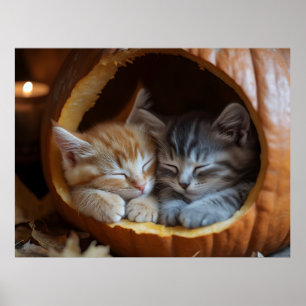 Poster Cosy Kittens Snuggle dans un Citrouille