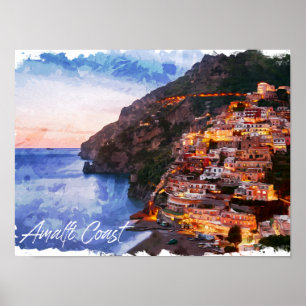 Poster Côte d'Amalfi Italie Aquarelle Côte Positano