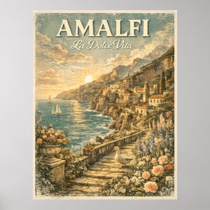 Poster Côte d'Amalfi Italie Canard La Dolce Vita Vintage
