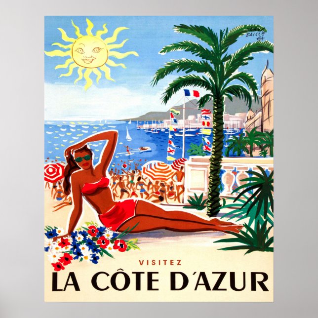 Poster Côte d'Azur, bikini fille sur la plage, France (Devant)