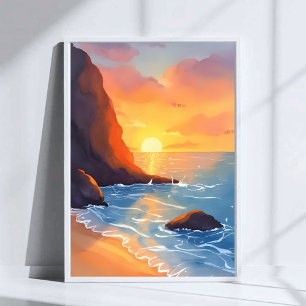 Poster Côte de coucher de soleil   Vagues de l'océan de l