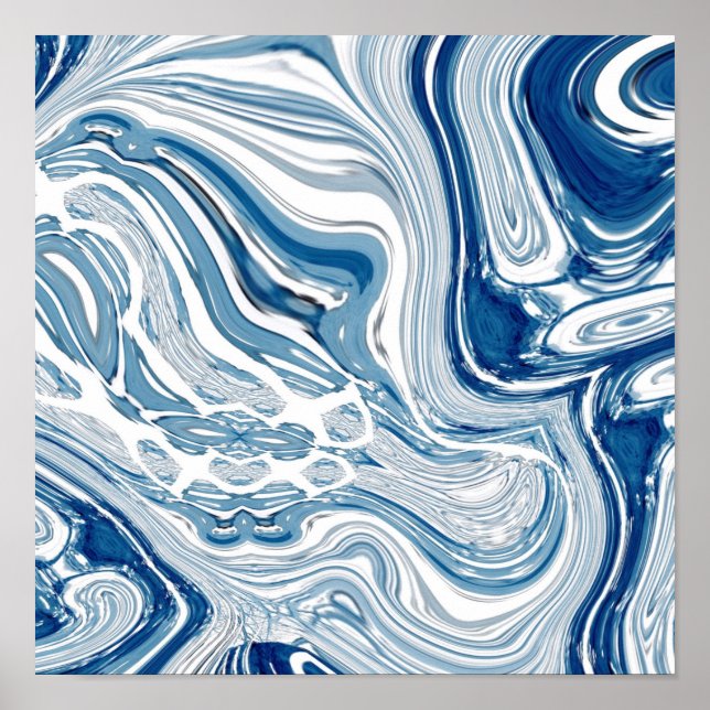 Poster côte plage nautique vagues aquarelle bleu tourbill (Devant)