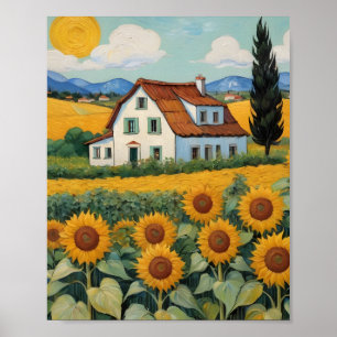 Poster Cottage au milieu des champs de tournesol