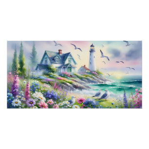 Poster Cottage balnéaire et phare aquarelle