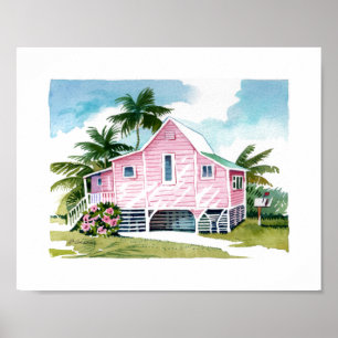 Poster Cottage de plage rose Aquarelle Tropical