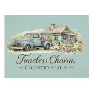 Poster Cottage Fleur Sauvage Calme Camion Bleu Vintage