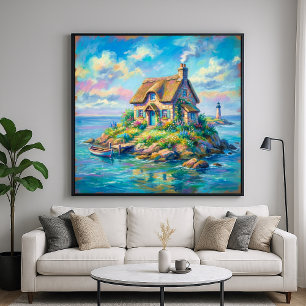 Poster Cottage Island - Style d'illustration pastel