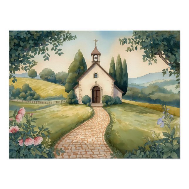 Poster Cottagecore Chapel Path Pastel Landscape (Devant)