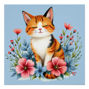 Poster Cottagecore Floral Chat Serene Feline Botanique