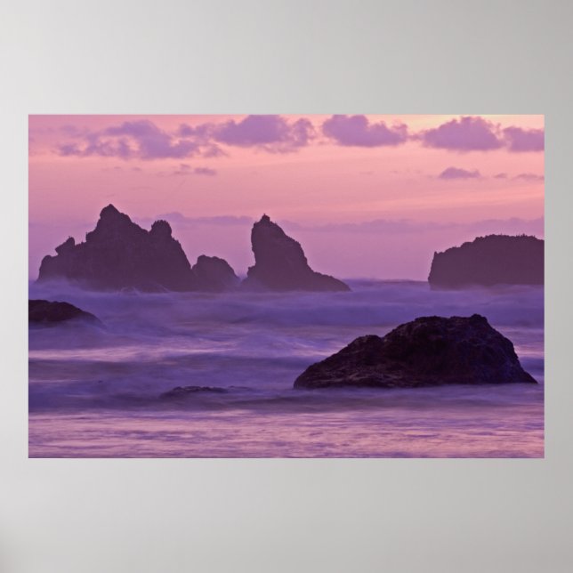 Poster Coucher de soleil à Bandon Beach Sea Stacks. (Devant)