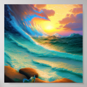 Poster Coucher de soleil à travers une vague