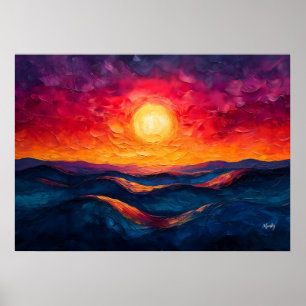 Poster Coucher de soleil abstrait vibrant sur des vagues 