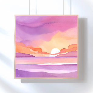 Poster Coucher de soleil aquarelle rose   Beau ciel océan