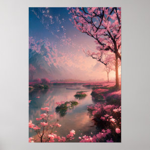 Poster Coucher de soleil au lac Cherry Blossom