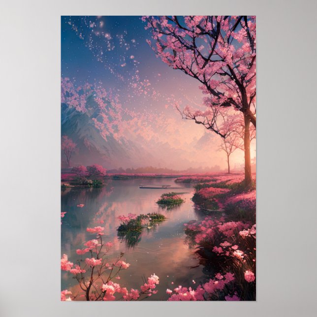 Poster Coucher de soleil au lac Cherry Blossom (Devant)