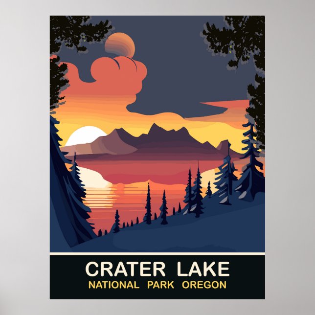 Poster Coucher de soleil au lac Crater, Oregon, Voyage (Devant)