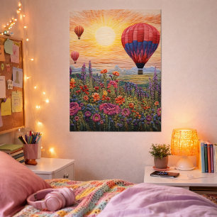 Poster Coucher de soleil aux fleurs sauvages avec un ball