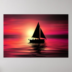 Poster Coucher de soleil, Bateau à voile dans la mer-3918
