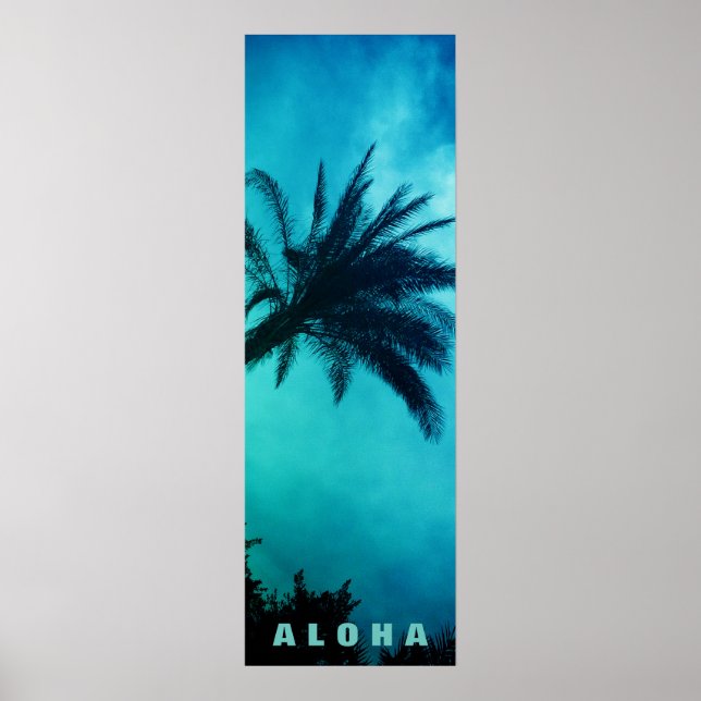 Poster Coucher de soleil bleu Aloha Hawaii Palmiers Tropi (Devant)