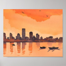Coucher de soleil Cityscape | Aquarelle Orange Cit