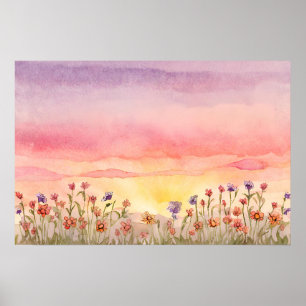 Poster Coucher de soleil coloré sur le champ de fleurs Pe