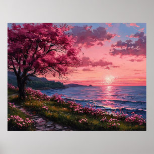 Poster Coucher de soleil coloré vibrant sur un paysage fl