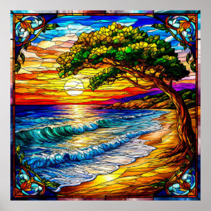 Poster Coucher de soleil côtier avec des vagues et un arb