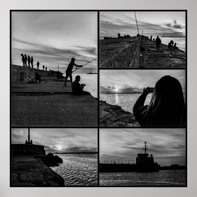 Poster Coucher de soleil côtier noir et blanc collage de  (Devant)