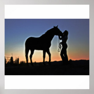 Poster Coucher de soleil de cow-girl et de cheval
