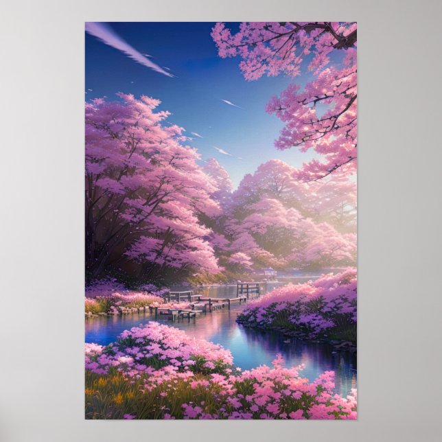 Poster Coucher de soleil de fleurs de cerisier de charme (Devant)