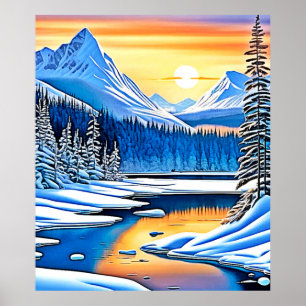 Poster Coucher de soleil de montagne d'hiver