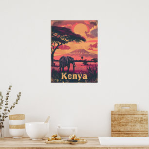 Poster Coucher de soleil des éléphants du Kenya