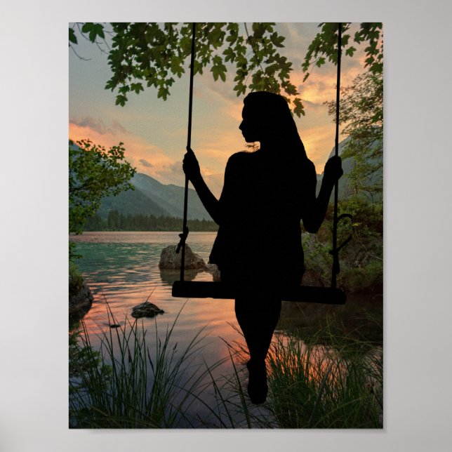 Poster Coucher de soleil d'été du lac Silhouette (Devant)