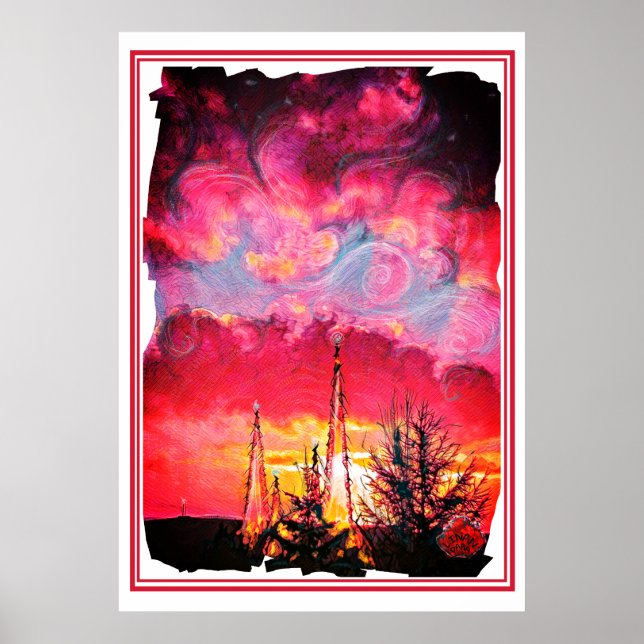 Poster Coucher de soleil d'Imaginaire avec tours de crist (Devant)