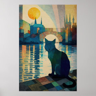 Poster Coucher de soleil d'observation de chats cubes sur