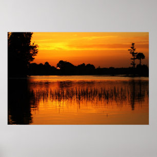 Poster Coucher de soleil doré Derrière un lac